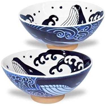 Imagem de Tigela de arroz japonesa Mino Ware, sopa de macarrão com ramen de arroz, macarrão sarada, torção de baleia ondulada, 14,5 cm, 496 g, conjunto de 2