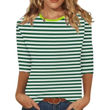 Imagem de Camisetas femininas de manga 3/4 listradas três quartos elegantes casuais estampadas túnica blusas femininas, Ofertas relâmpago verde, M