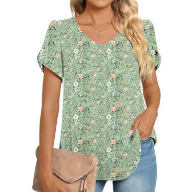 Imagem de HOTGIFT Blusa feminina casual de verão 2024 túnica de chiffon com babados e manga curta solta e confortável, V/flores verdes, G