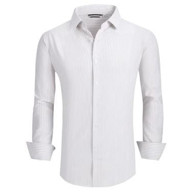Imagem de Esabel.C Camisa social masculina de algodão Seersucker listrada casual com botões para homens, Listras cáqui, GG