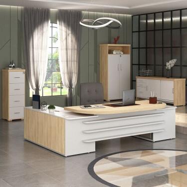 Imagem de Conjunto Executivo Mesa Tamburato Presidente Balcão com Gavetas Armário com Nicho Arquivo 4 Gavetas Carvalho/Branco