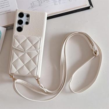 Imagem de Carteira de couro treliça flip card case para Samsung S24 Ultra S23 FE S22 Plus A55 A35 A15 A54 A24 A14 A53 A23 Capa de cordão, branca, para Samsung S23