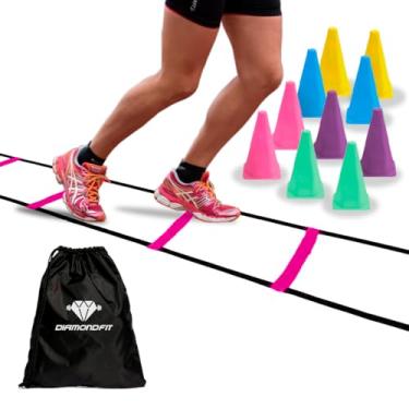 Imagem de Kit Escada 7 Degraus + Mochila Impermeável + 10 Cones de Agilidade Colorido Para Treino Funcional Em Casa Futebol Academia (Rosa)