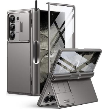 Imagem de BERFY Capa para Z Fold 6 com protetor de tela temperado 9H, suporte embutido para caneta S, capa de câmera deslizante, suporte oculto, capa de celular fina à prova de choque para Samsung Galaxy Z Fold