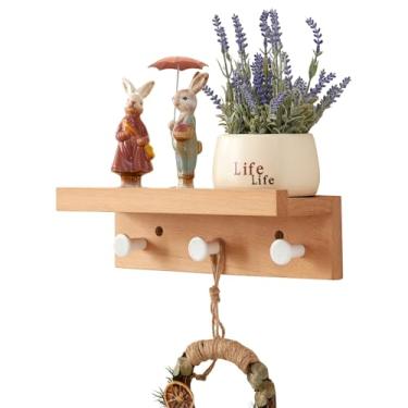 Imagem de Cabide com prateleira montada na parede, ganchos de parede de madeira de carvalho com armazenamento, prateleira de entrada com 3 cabides para banheiro, sala de estar, quarto (natural, 35,5 cm)