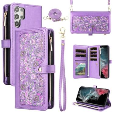 Imagem de Dswteny Capa carteira floral para Samsung Galaxy S24 Ultra 5G com alça de pulso alça de ombro com zíper, suporte para cartão de crédito com suporte para celular para S24Ultra 24S S 24 24Ultra Mulheres