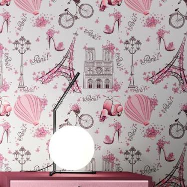 Imagem de Papel De Parede Adesivo Autocolante Infantil Paris Fundo Rosa Claro La