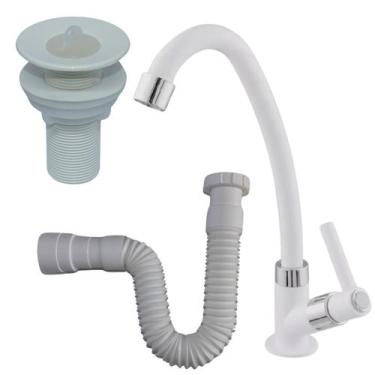 Imagem de Torneira Bancada ABS + Válvula + Sifão Universal Branca - Montelar Aca