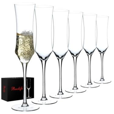 Imagem de Conjunto de 6 taças de champanhe de cristal soprado à mão com haste longa - Copo de vinho espumante elegante de 200 ml - Presente exclusivo para aniversário, casamento, dia das mães, inauguração de