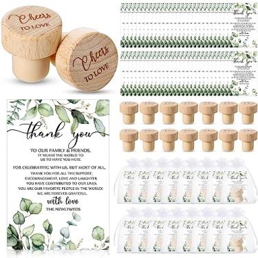 Imagem de 100 conjuntos de lembrancinhas de casamento rolhas de vinho com vegetação rolha de vinho de madeira presentes de casamento cartões de agradecimento saco de organza branca Cheers to Love rolha de vinho para convidados chá de bebê presente decorações de jantar