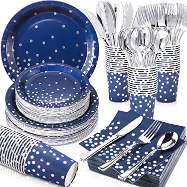 Imagem de Sieral 560 peças de material de festa azul marinho para 80 convidados, conjunto de louça descartável, pratos de papel marinho, guardanapos, copos, garfos, facas, colheres para aniversário