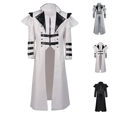 Imagem de FMMOEK Medieval Costumes Steampunk Long Trench Coat Gothic Victorian Vintage Tailcoat Jacket Mens Double Breasted Zipper Coat (2XL, white)