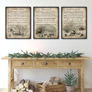 Imagem de JarThenaAMCS 3 peças de arte de parede de canções de Natal em tela vintage de Natal, partituras de hino, pôster, arte musical, decoração de parede para galeria, sala de estar, quarto (sem moldura, 28