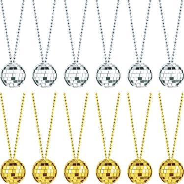 Imagem de Hicarer Colares de fantasia de bola de discoteca espelhada, 12 peças, colares de festa discoteca dos anos 70 para decoração de casa, adereços de palco de 3,8 cm, acessórios para jogos, Halloween