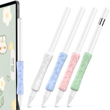 Imagem de OFELUMTIZE Pacote com 4 pegas fofas de iPencil para Apple Pencil Pro, (USB-C) e 2ª geração, design ergonômico, capa protetora compatível com caneta iPad (branco/azul/rosa/verde)
