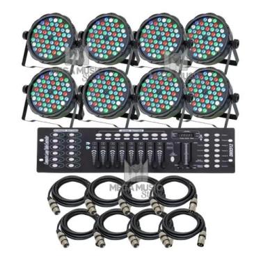 Imagem de 8 Canhao Refletor Led Par64 Rgbw 54 Leds 3w + Mesa Dmx + Cabos 5m - SH