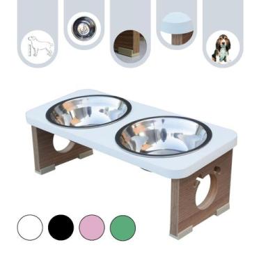 Imagem de Comedouro Cachorro Pet MDF Elevado Duplo Colors Branco - Inox - Madera