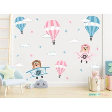 Imagem de adesivo de parede urso aviador balões quarto de gêmeos - Adesivos Kigr