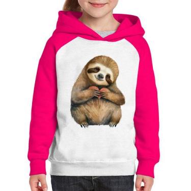 Imagem de Moletom Infantil Bicho Preguiça Coração - Foca na Moda, Branco, Rosa, 