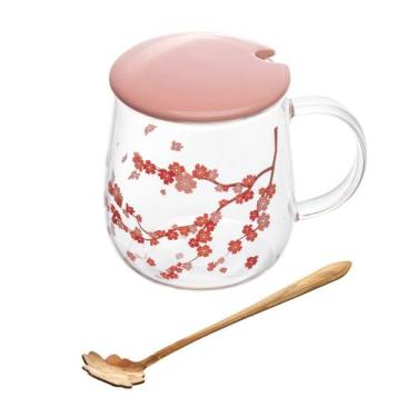 Imagem de Caneca de Vidro Borossilicato com Tampa e Colher Sakura Rosa - WOLFF