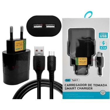 Imagem de Cabo Tipo C Usb 1m + Carregador Fonte Tomada Com 2 USB 5.1A Ultra Rápi