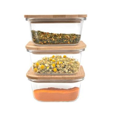 Imagem de kit 3 potes de vidro 380ml com tampa de bambu hermético marmita quadra