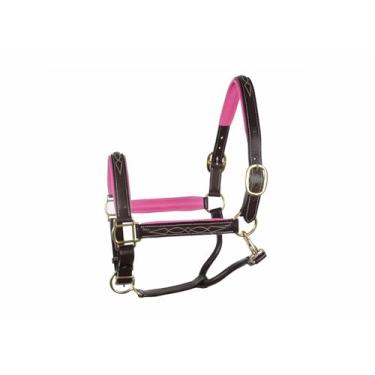 Imagem de SIE EQUESTRIAN Cabresto de cavalo de couro com ferragens de latão, rosa e preto (marrom com acolchoamento rosa, espiga)