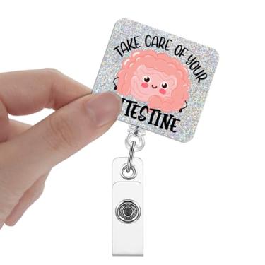 Imagem de Xipromi Carretel retrátil para crachá Take Care of Your Intestines com clipe, suporte engraçado de cólon para gastroenterologista, endoscopia gastrointestinal, enfermeira interna, cirurgião
