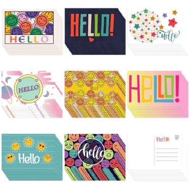 Imagem de Junkin Pacote com 80 cartões postais Hello Blank Cartões para todas as ocasiões, Hello Design, cartões postais bonitos para crianças, adultos, professores, estudantes, funcionários voluntários, 10 x 15 cm (Olá)