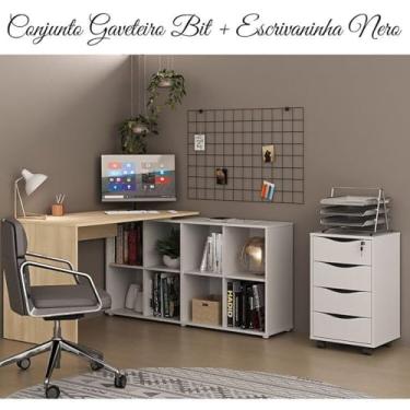 Imagem de Kit 2 Peças com Escrivaninha em L Nero com 8 Nichos e Gaveteiro 4 Gavetas com Chave Bit Carvalho/Branco