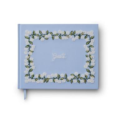 Imagem de RIFLE PAPER CO. Livro de visitas de tecido bordado de hortênsia | Capa dura embrulhada em pano de livro e marcador de página de fita, (144 páginas pautadas, tinta dourada metálica, 26 cm L × 21 cm C)