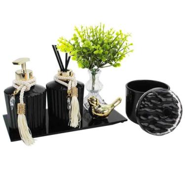 Imagem de Kit Lavabo Luxo Preto Sabonete Difusor C/ Bandeja e Porta Algodão - Se