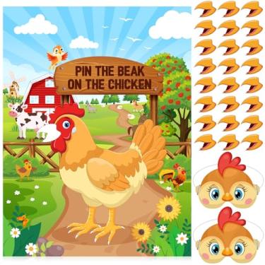 Imagem de Faccito Jogos de animais da fazenda Pin The Beak on The Chicken Barnyard decorações de festa de aniversário jogos de pôster de fazenda com 24 adesivos máscara de olho para crianças atividades