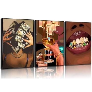 Imagem de LCZDXGR 3 peças de arte de parede moderna de luxo menina americana africana impressão de pôster em tela moda pintura abstrata imagens para quarto sala de estar bar carrinho sala de jantar decoração de
