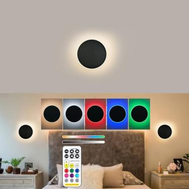 Imagem de Arandelas de parede operadas por bateria, luz de parede preta recarregável estilo eclipse solar com controle remoto sem fio regulável, 9 modos de cores, arandela de parede interna para quarto e sala