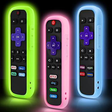 Imagem de (Pacote com 3) Capa ONEBOM para controle remoto Roku, Capa para Hisense/TCL Roku TV Steaming Stick/Express Universal Substituição Controladora Silicone Manga Skin Verde Azul Rosa Tudo Pode Brilha no Escuro