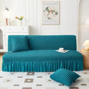 Imagem de Capa de futon sem braços com saia de babados, sofá-cama futon altamente elástica(Blue,Small (120-150cm))