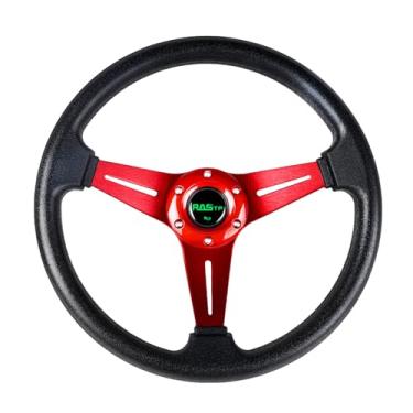 Imagem de RASTP Volante Universal Racing de 350 mm, 6 parafusos, couro de vinil e alumínio com botão de buzina para carro - vermelho
