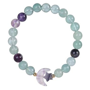Imagem de Nupuyai Pulseiras de pedra de cristal de 8 mm para mulheres e homens, pulseiras elásticas com estrela da lua, regular, Fluorita, Fluorita