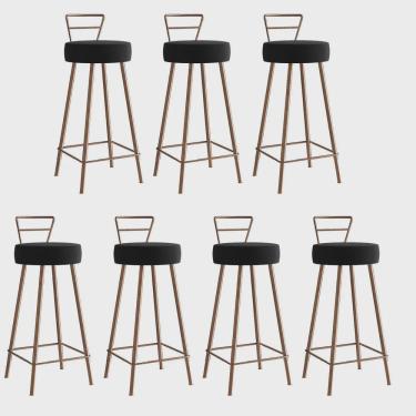 Imagem de Kit 07 Banqueta Alta Com Encosto Tina Eiffel Cozinha Bar Bistrô Ferro Bronze Suede Preto - Ahz Móveis