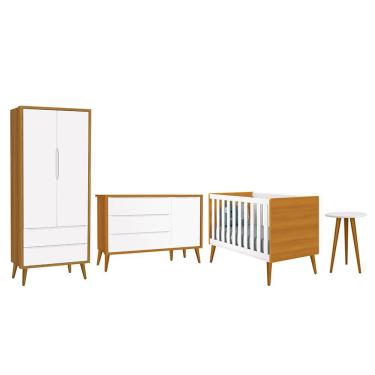 Imagem de Dormitório Infantil Theo Retrô 2 Portas, Cômoda 1 Porta, Berço e Mesa de Apoio com Pés Amadeirado - Reller Móveis Branco/Savana