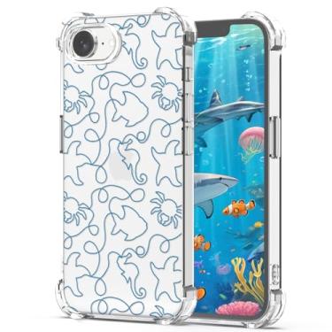 Imagem de YEPO Compatível com iPhone 16e Clear Case Line Art, Design Estético Azul Oceano Padrão Mundial Mulheres Meninas Capa Protetora Macia À Prova de Choque Capa Protetora para iPhone 16e Adolescentes