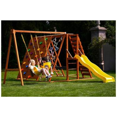Imagem de Playground Infantil de Madeira com 2 Balanços, 1 Barra de Ginástica, Parede de Escalada, Escorregador e Escada, Avenlur, Amarelo