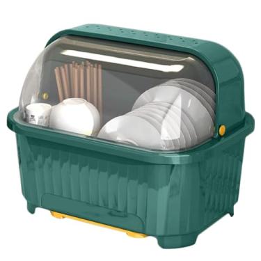 Imagem de OUFEIJIA Escorredor de pratos multiuso organizador de pratos de cozinha organizador de pratos de arco liso suporte de talheres com bandeja de drenagem para balcões balcão de mesa, verde