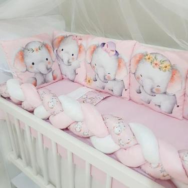 Imagem de Kit Mini Berço 12 peças  Saia de Berço Menina Elefantinha Rosa - Carin