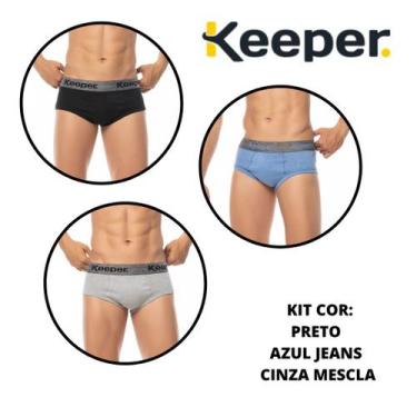 Imagem de Kit com 3 cuecas slip ribana algodão Keeper 32030, Preto, Azul jeans, 