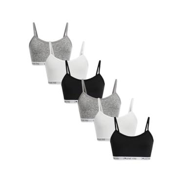 Imagem de SHENHE Pacote com 6 sutiãs de treinamento para meninas, alças finas, estampa de letras, conjunto de bralettes cami sem fio, Preto, branco, cinza, 12 Anos
