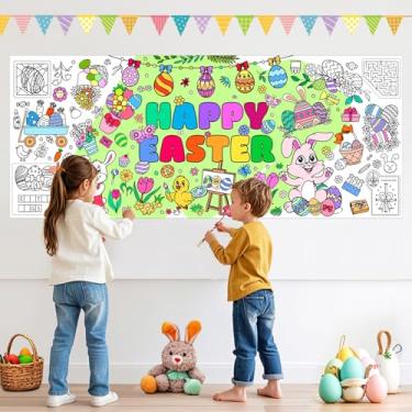 Imagem de AUGSUN Pôster gigante para colorir páscoa com 18 peças de canetas coloridas para crianças, 182 x 76 cm, toalha de mesa para colorir Happy Easter Crafts, festa escolar infantil, decoração de jogos de