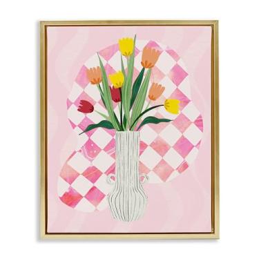 Imagem de Stupell Industries Vaso de tulipa amarela em tela flutuante em ouro quadriculado, arte de parede, design por Ziwei Li, 25 x 31