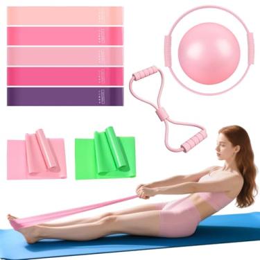 Imagem de AO LI GEI Conjunto de anéis de Pilates 10 peças acessórios de equipamento de pilates para treino doméstico com anel de ioga de círculo mágico de silicone de 34,3 cm, faixas de resistência, bola, corda